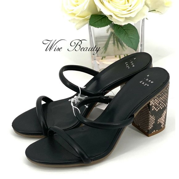 NEW Womens Cass Open Toe Heeled Sandals Size 6 Shoe Black Snake Print A New Day - Picture 4 of 8